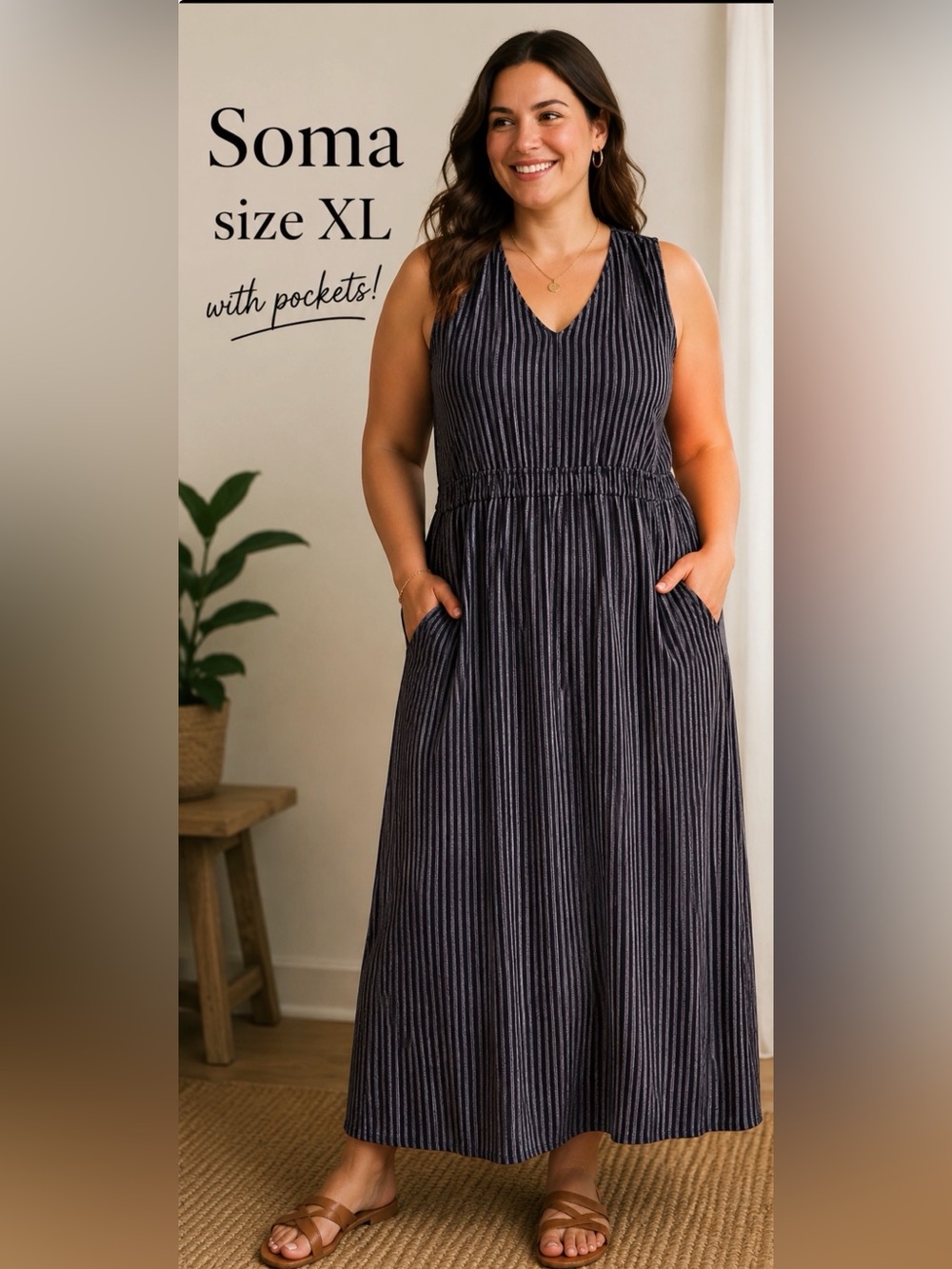 Like New Soma XL navy blue / white vertical striped sleeveless maxi dress Vneck